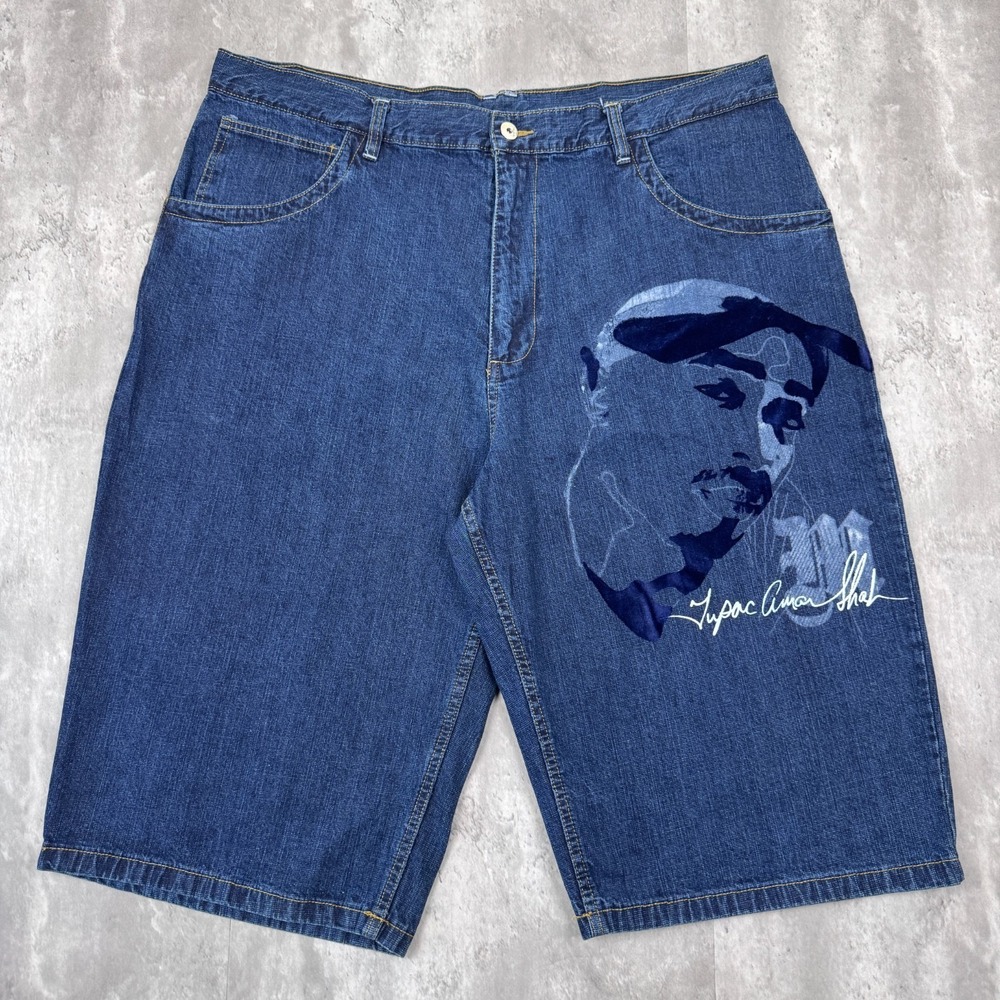 Vintage Makaveli Jean Shorts Mens 42 Blue Baggy Wide Leg Tupac Skate Y2K NWT